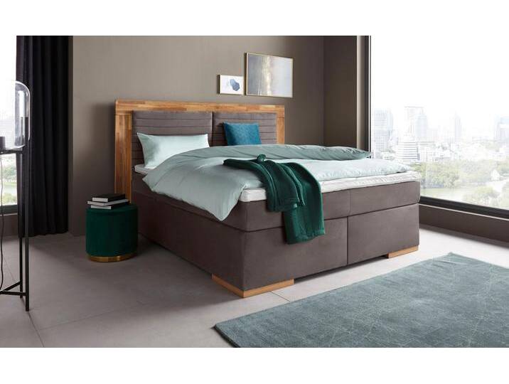 Boxspringbett PLACES OF STYLE Cup , grau (schwarzgrau), B:230cm L:206cm, Bezug: Luxus-Microfaser (100% Polyester);Bezug: Microfaser (100% Polyester), Komplettbetten, Boxspringbett, mit LED-Beleuchtung, Massivholzrahmen und Topper, in 2 Härtegraden von BAUR