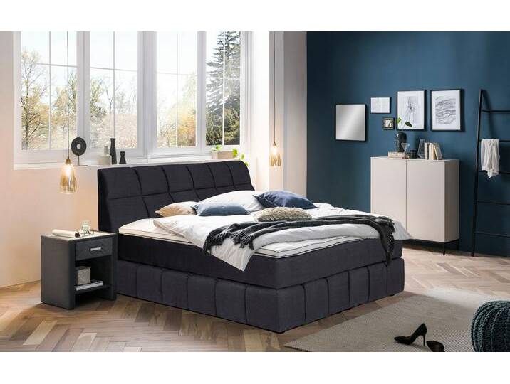 Boxspringbett PLACES OF STYLE Paxton , blau (dunkelblau), Flachgewebe LEINENOPTIK Polyester Topper Basic, Liegefläche B/L: 160cm x 200cm Betthöhe: 55cm, Gewicht bis: 80 kg + 80 kg H2 + H2, 7-Zonen-Taschen-Federkernmatratze, Komplettbetten, Boxspringbett, Neue Toppervarianten von BAUR