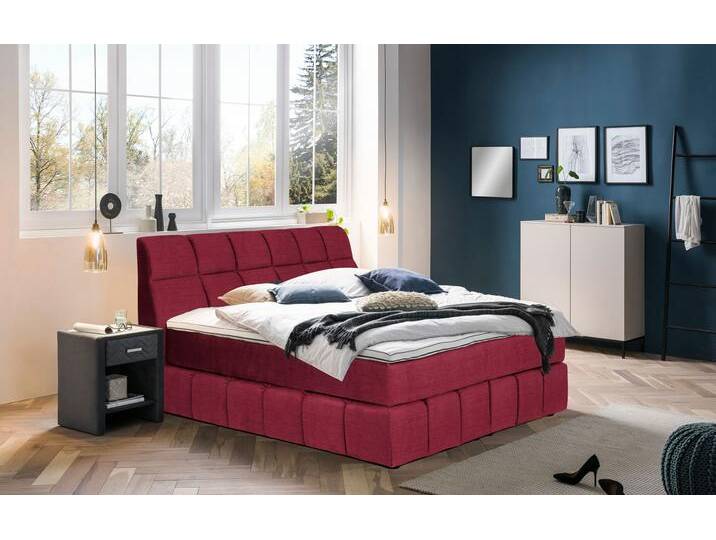 Boxspringbett PLACES OF STYLE Paxton , rot (coral), Flachgewebe LEINENOPTIK Polyester Topper Basic, Liegefläche B/L: 180cm x 200cm Betthöhe: 55cm, Gewicht bis: 80 kg + 100 kg H2 + H3, 7-Zonen-Taschen-Federkernmatratze, Komplettbetten, Boxspringbett, Neue Toppervarianten von BAUR