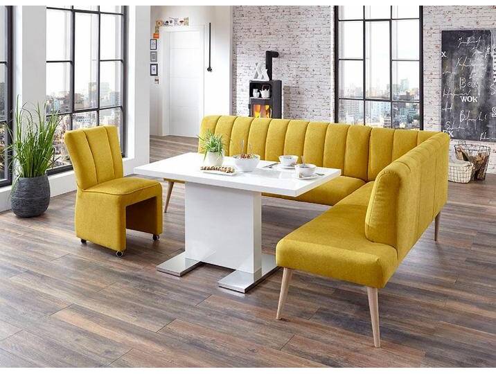 Eckbank EXXPO - SOFA FASHION Costa, moderne Rückensteppung, bequem und elegant, hoher Holzfuß , gelb (mustard), B:197cm H:92cm T:265cm, Struktur: Webvelour, 100% Polyester, Sitzbänke, Frei im Raum stellbar von BAUR