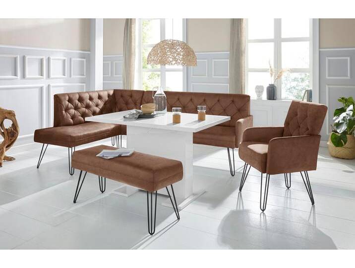 Eckbank EXXPO - SOFA FASHION Doppio, Chesterfield Optik, komfortabel und bequem, hohe Designfüße , braun (cognac), B:158cm H:90cm T:236cm, 100% Polyester, Sitzbänke, Frei im Raum stellbar von BAUR