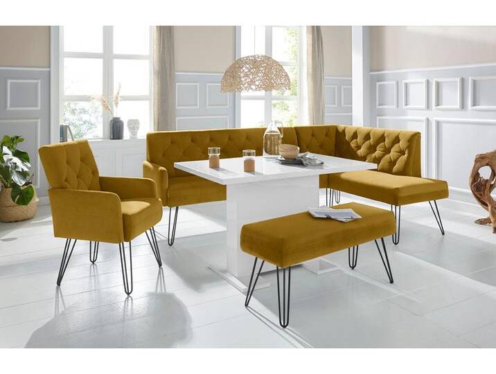 Eckbank EXXPO - SOFA FASHION Doppio, Chesterfield Optik, komfortabel und bequem, hohe Designfüße , gold (antic gold), B:158cm H:90cm T:236cm, 100% Polyester, Sitzbänke, Frei im Raum stellbar von BAUR