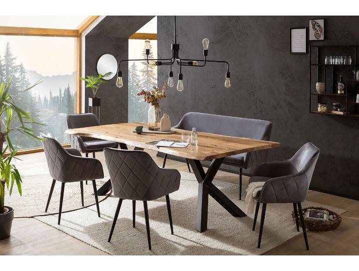 Eckbankgruppe SALESFEVER Eckbankgruppe im Landhausstil , grau (grau, natur, schwarz, schwarz), B:200cm H:76,5cm T:100cm, Massivholz, Metall, Polyester, Sitzmöbel-Sets, Rückenfläche mit aufwändiger Rautensteppung von BAUR