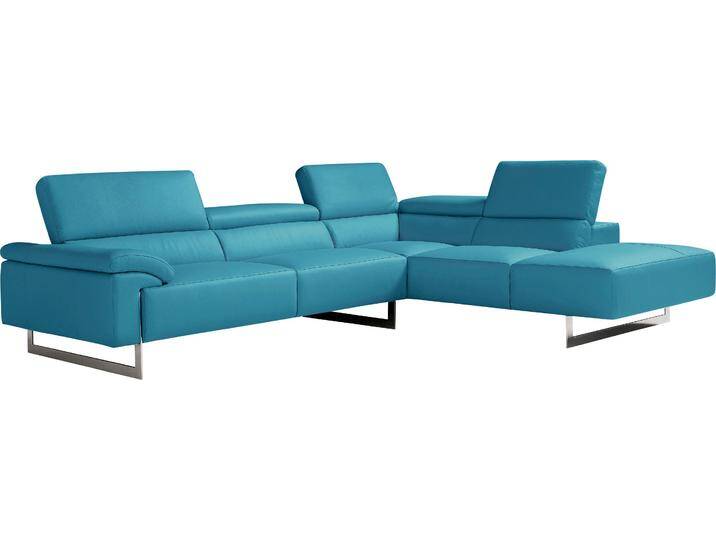 Ecksofa EGOITALIANO Malika, elegant und bequem, Designsofa, L-Form , blau (türkis), B:300cm H:94cm T:107cm, Leder u00bbBULLu00ab (echtes Rindsleder). Geschliffenes, pigmentiertes und behandeltes Rindsleder mit einer Dicke von 1, 3-1, 5 mm. Dieses Leder zeigt eine ziemlich weiche Hand mit einem halb undurchsichtigen Aussehen. Es handelt sich um ein geschütztes Leder. Eine leichte Deckschicht schützt sie vor Flecken, ohne ihre ursprünglichen Eigenschaften zu verändern. Die geschützten Leder kombinieren die Vorteile von Natürlichkeit und Weichheit mit einer guten Beständigkeit gegen Verschleiß und Ausbleichen. Das Vorhandensein der charakteristischen Zeichen, die das Leben des Tieres bestimmen, wie Narben, Körnungsunterschiede, Falten, Adern, Disharmonien in Farbtönen, beweisen ihre absolute Echtheit und großen Wert., Sofas, mit Ottomane, inkl. Kopfteilverstellung und chromfarbenen Metallfüßen von BAUR