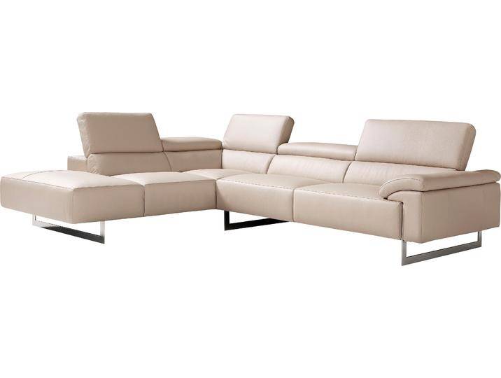 Ecksofa EGOITALIANO Malika, elegant und bequem, Designsofa, L-Form , weiß (paper), B:300cm H:94cm T:107cm, Leder »BULL« (echtes Rindsleder). Geschliffenes, pigmentiertes und behandeltes Rindsleder mit einer Dicke von 1, 3-1, 5 mm. Dieses Leder zeigt eine ziemlich weiche Hand mit einem halb undurchsichtigen Aussehen. Es handelt sich um ein geschütztes Leder. Eine leichte Deckschicht schützt sie vor Flecken, ohne ihre ursprünglichen Eigenschaften zu verändern. Die geschützten Leder kombinieren die Vorteile von Natürlichkeit und Weichheit mit einer guten Beständigkeit gegen Verschleiß und Ausbleichen. Das Vorhandensein der charakteristischen Zeichen, die das Leben des Tieres bestimmen, wie Narben, Körnungsunterschiede, Falten, Adern, Disharmonien in Farbtönen, beweisen ihre absolute Echtheit und großen Wert., Sofas, mit Ottomane, inkl. Kopfteilverstellung und chromfarbenen Metallfüßen von BAUR