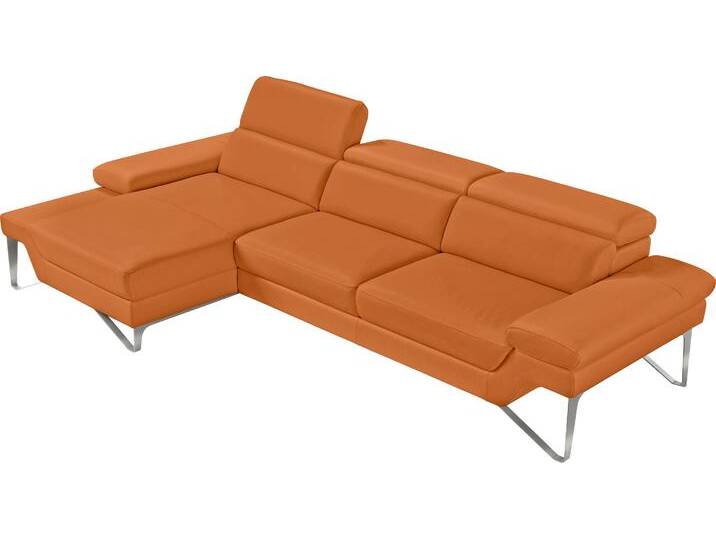 Ecksofa EGOITALIANO Princess, elegantes Designsofa mit erstklassigem Sitzkomfort, L-Form , orange, B:282cm H:95cm T:168cm, Leder u00bbBULLu00ab (echtes Rindsleder). Geschliffenes, pigmentiertes und behandeltes Rindsleder mit einer Dicke von 1, 3-1, 5 mm. Dieses Leder zeigt eine ziemlich weiche Hand mit einem halb undurchsichtigen Aussehen. Es handelt sich um ein geschütztes Leder. Eine leichte Deckschicht schützt sie vor Flecken, ohne ihre ursprünglichen Eigenschaften zu verändern. Die geschützten Leder kombinieren die Vorteile von Natürlichkeit und Weichheit mit einer guten Beständigkeit gegen Verschleiß und Ausbleichen. Das Vorhandensein der charakteristischen Zeichen, die das Leben des Tieres bestimmen, wie Narben, Körnungsunterschiede, Falten, Adern, Disharmonien in Farbtönen, beweisen ihre absolute Echtheit und großen Wert., Sofas, mit Recamiere, inkl. Kopfteilverstellung, edle Designmetallfüße von BAUR
