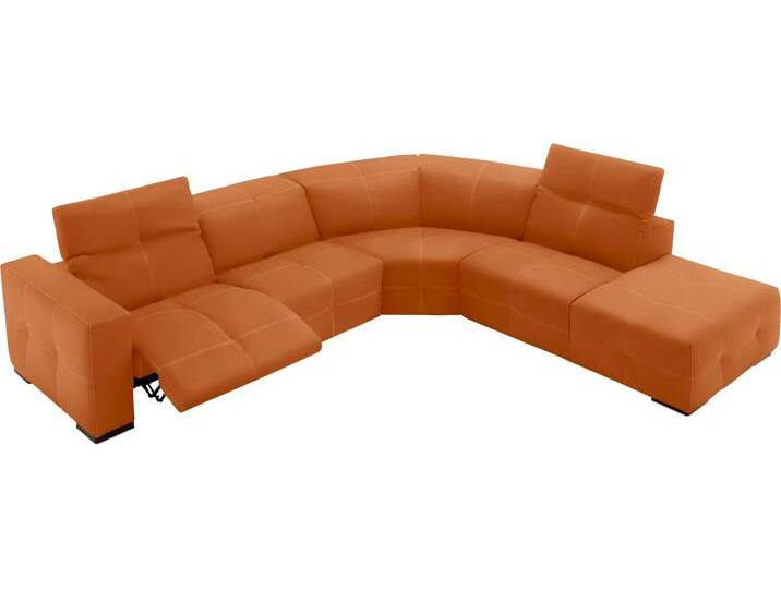 Ecksofa EGOITALIANO Sauvanne, Designsofa der Extraklasse, elegant und bequem , orange, B:300cm H:100cm T:274cm, Leder »BULL« (echtes Rindsleder). Geschliffenes, pigmentiertes und behandeltes Rindsleder mit einer Dicke von 1, 3-1, 5 mm. Dieses Leder zeigt eine ziemlich weiche Hand mit einem halb undurchsichtigen Aussehen. Es handelt sich um ein geschütztes Leder. Eine leichte Deckschicht schützt sie vor Flecken, ohne ihre ursprünglichen Eigenschaften zu verändern. Die geschützten Leder kombinieren die Vorteile von Natürlichkeit und Weichheit mit einer guten Beständigkeit gegen Verschleiß und Ausbleichen. Das Vorhandensein der charakteristischen Zeichen, die das Leben des Tieres bestimmen, wie Narben, Körnungsunterschiede, Falten, Adern, Disharmonien in Farbtönen, beweisen ihre absolute Echtheit und großen Wert., Sofas, wahlweise mit elektrischer Relaxfunktion, Kopfteilverstellung von BAUR