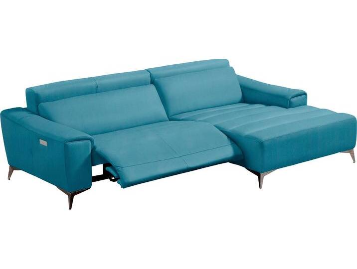 Ecksofa EGOITALIANO Suzette, Designsofa mit hohem Sitzkomfort , blau (türkis), B:266cm H:95cm T:163cm, Leder u00bbBULLu00ab (echtes Rindsleder). Geschliffenes, pigmentiertes und behandeltes Rindsleder mit einer Dicke von 1, 3-1, 5 mm. Dieses Leder zeigt eine ziemlich weiche Hand mit einem halb undurchsichtigen Aussehen. Es handelt sich um ein geschütztes Leder. Eine leichte Deckschicht schützt sie vor Flecken, ohne ihre ursprünglichen Eigenschaften zu verändern. Die geschützten Leder kombinieren die Vorteile von Natürlichkeit und Weichheit mit einer guten Beständigkeit gegen Verschleiß und Ausbleichen. Das Vorhandensein der charakteristischen Zeichen, die das Leben des Tieres bestimmen, wie Narben, Körnungsunterschiede, Falten, Adern, Disharmonien in Farbtönen, beweisen ihre absolute Echtheit und großen Wert., Sofas, mit Recamiere, inkl. 1 elektronischen Relaxfunktion, L-Form von BAUR