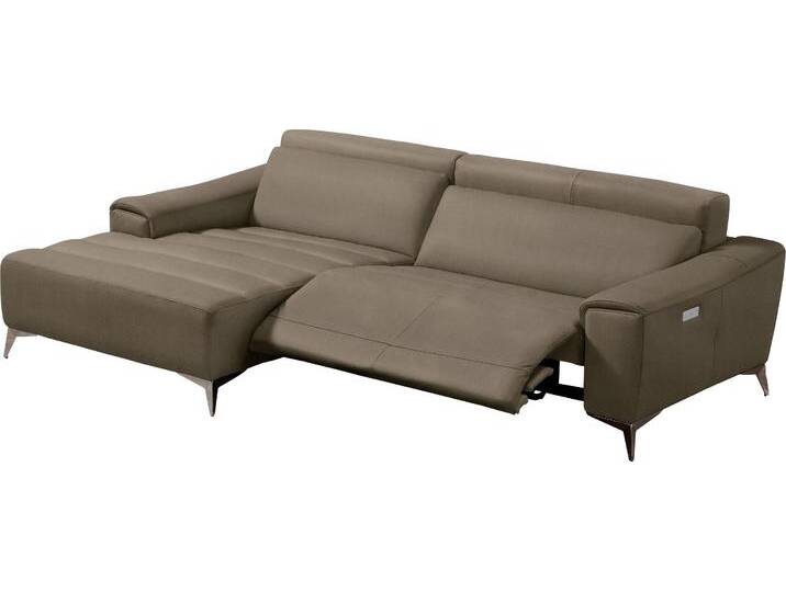 Ecksofa EGOITALIANO Suzette, Designsofa mit hohem Sitzkomfort , grau (taupe), B:266cm H:95cm T:163cm, Leder u00bbBULLu00ab (echtes Rindsleder). Geschliffenes, pigmentiertes und behandeltes Rindsleder mit einer Dicke von 1, 3-1, 5 mm. Dieses Leder zeigt eine ziemlich weiche Hand mit einem halb undurchsichtigen Aussehen. Es handelt sich um ein geschütztes Leder. Eine leichte Deckschicht schützt sie vor Flecken, ohne ihre ursprünglichen Eigenschaften zu verändern. Die geschützten Leder kombinieren die Vorteile von Natürlichkeit und Weichheit mit einer guten Beständigkeit gegen Verschleiß und Ausbleichen. Das Vorhandensein der charakteristischen Zeichen, die das Leben des Tieres bestimmen, wie Narben, Körnungsunterschiede, Falten, Adern, Disharmonien in Farbtönen, beweisen ihre absolute Echtheit und großen Wert., Sofas, mit Recamiere, inkl. 1 elektronischen Relaxfunktion, L-Form von BAUR