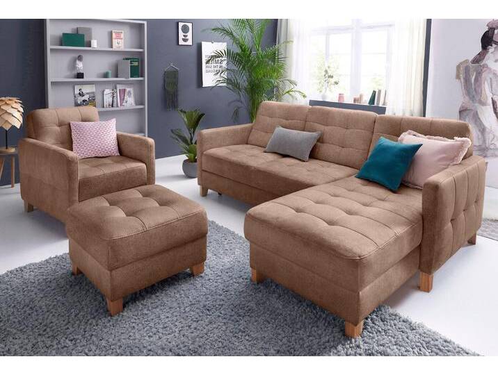 Ecksofa EXXPO - SOFA FASHION Elio, kompakt und komfortabel, bequem und zeitloses Design, L-Form , braun (cognac), B:217cm T:157cm, Luxus-Kunstleder;NaturLEDER (echtes Rindsleder) in Sitz und Rücken. Korpus in passendem Kunstleder SOFTLUX bezogen, Sofas, wahlweise mit Bettfunktion von BAUR