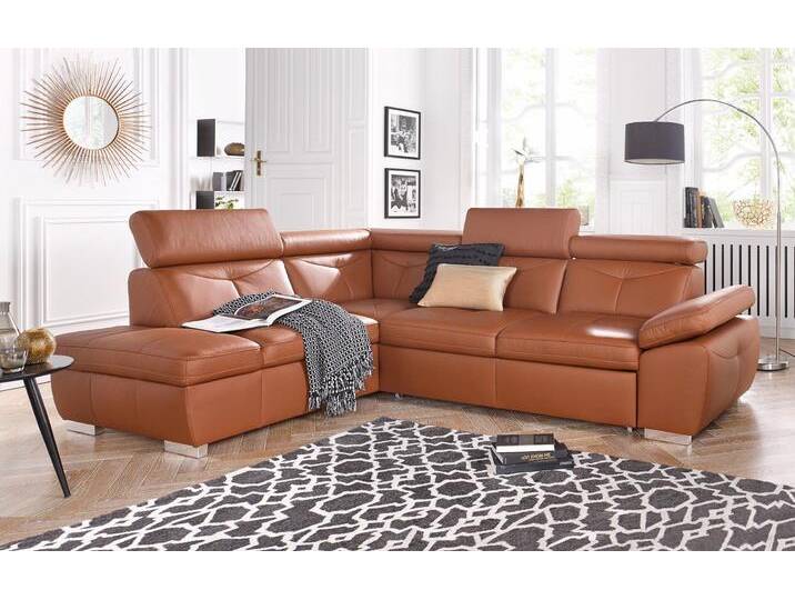 Ecksofa EXXPO - SOFA FASHION Spring, super bequem und komfortabel mit Armteil- und Kopfteilfunktion , braun (cognac), B:274cm H:81cm T:206cm, NaturLEDER (echtes Rindsleder) in Sitz und Rücken. Korpus in passendem Kunstleder SOFTLUX bezogen, Luxus-Microfaser (100% Polyester), Struktur ( 100% Polyester), Sofas, wahlweise mit Bettfunktion und Bettkasten, L-Form von BAUR
