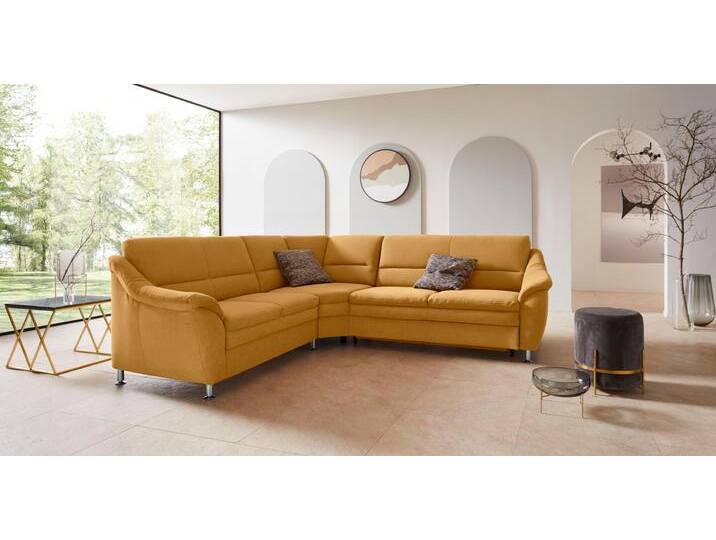 Ecksofa PLACES OF STYLE Cardoso L-Form , gelb (mais), B:260cm H:90cm T:230cm, Luxus-Microfaser ALTARA NUBUCK (100% Polyester), Luxus-Microfaser weich (90% Polyester, 10% Polyamid), Struktur (52%Polyester, 35% Acryl, 13%Cotton), Luxus-Microfaser Lederoptik (100% Polyester), Sofas, mit Trapezecke für mehr Sitzkomfort, wahlweise auch mit Bettfunktion von BAUR