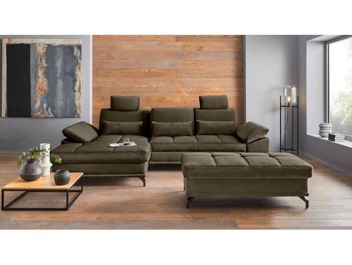 Ecksofa PLACES OF STYLE Costello L-Form, B: 301 cm mit Sitztiefen-, Armteilverstellung & , grün (oliv), B:301cm H:89cm T:176cm, 100% Polyester;Samtoptik (100% Polyester), Sofas, 3 Nierenkissen, optional Bettfunktion & Bettkasten, Topseller von BAUR