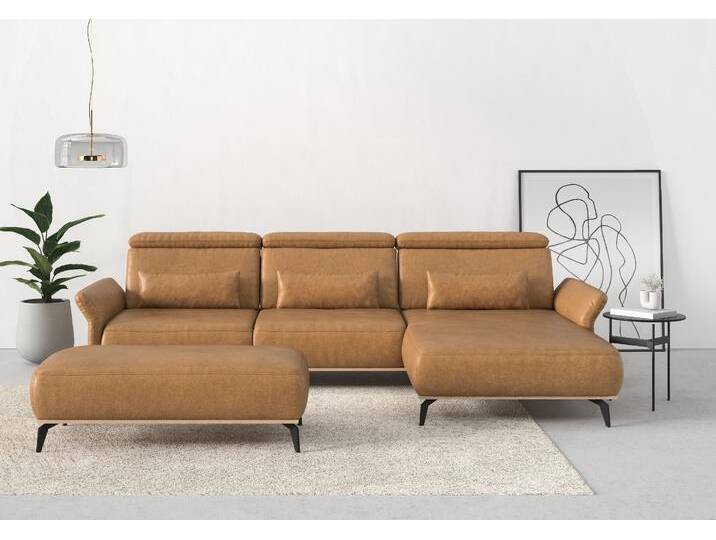 Ecksofa PLACES OF STYLE Fjord L-Form , braun (cognac), B:324cm H:93cm T:184cm, 100% Polyester, Sofas, massiv, wahlweise mit Armlehnfunktion, Kopf- Sitztiefenverstellung von BAUR