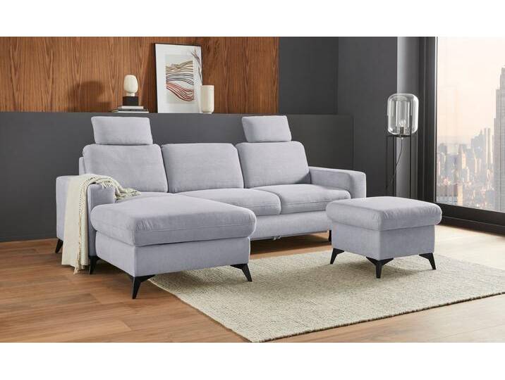 Ecksofa PLACES OF STYLE Lolland L-Form , silber, B:250cm H:88cm T:162cm, Struktur imprägniert - feucht abwischbar (100% Polyester);Struktur Flausch (90% Polyester, 10% Polyamid);Luxus-Microfaser ALTARA NUBUCK (100% Polyester), Sofas, Ecksofa, Wahlweise mit Bettfunktion und Bettkasten, Federkern von BAUR