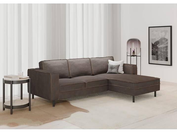Ecksofa PLACES OF STYLE Watkins, wahlweise mit Schlaffunktion/Bettkasten, moderne offene Naht , grau (dunkelgrau), B:232cm H:81cm T:161cm, 50% Leder, 40% Polyester, 10% Polyamid, Backing 60% Leder, Sofas, Recamiere beidseitig montierbar, L-Form, Breite 232 cm von BAUR