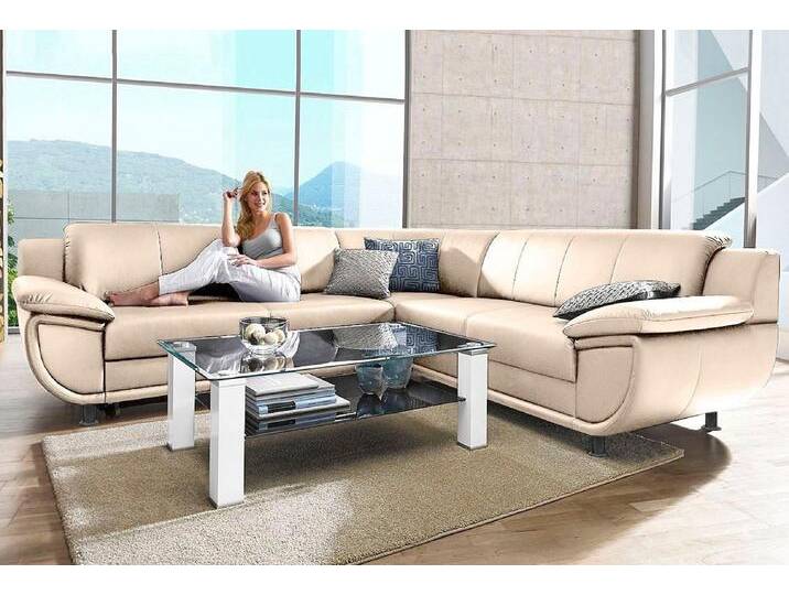 Ecksofa TRENDMANUFAKTUR Rondo wahlweise mit Schlaffunktion, 267x247 cm (BxT), breite Armlehnen , beige (creme), B:267cm H:85cm T:247cm, Kunstleder SOFTLUX;Microfaser PRIMABELLE (100% Polyester);NaturLEDER (echtes Rindsleder);Struktur (54% Polyacryl, 46% Polyester), Sofas, L-Form, wahlweise mit Federkern bestellbar, Füße schwarz von BAUR
