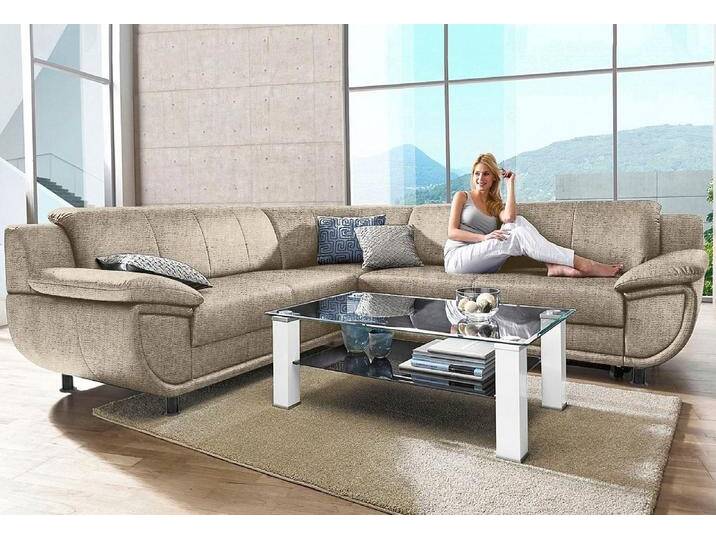 Ecksofa TRENDMANUFAKTUR Rondo wahlweise mit Schlaffunktion, 267x247 cm (BxT), breite Armlehnen , beige (sand, beige), B:267cm H:85cm T:247cm, Kunstleder SOFTLUX;Microfaser PRIMABELLE (100% Polyester);NaturLEDER (echtes Rindsleder);Struktur (54% Polyacryl, 46% Polyester), Sofas, L-Form, wahlweise mit Federkern bestellbar, Füße schwarz von BAUR