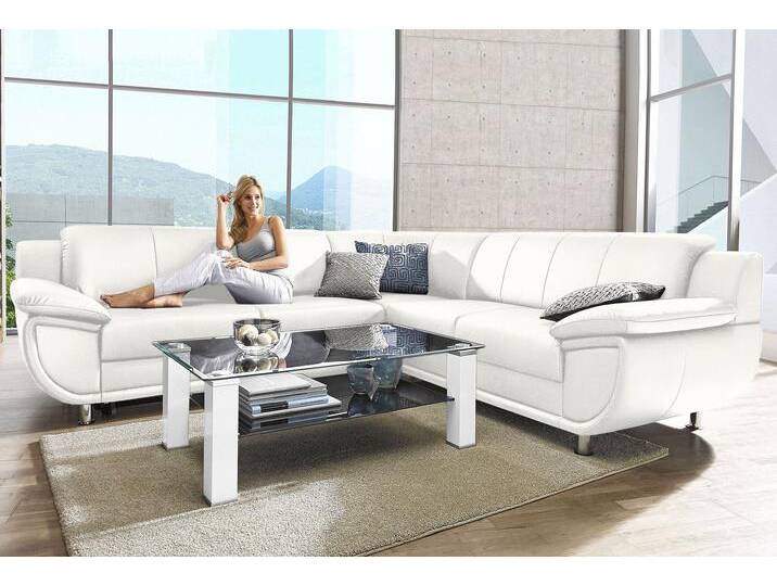 Ecksofa TRENDMANUFAKTUR Rondo wahlweise mit Schlaffunktion, bequeme Armlehnen, Bestseller , weiß (schneeweiß), B:267cm H:85cm T:247cm, Microfaser PRIMABELLE (100% Polyester), Kunstleder SOFTLUX, Struktur (54% Polyacryl, 46% Polyester), NaturLEDER (echtes Rindsleder) in Sitz und Rücken, Korpus Kunstleder SOFTLUX, Sofas, L-Form, wahlweise mit Federkern bestellbar, Füße chromfarben, Topseller von BAUR