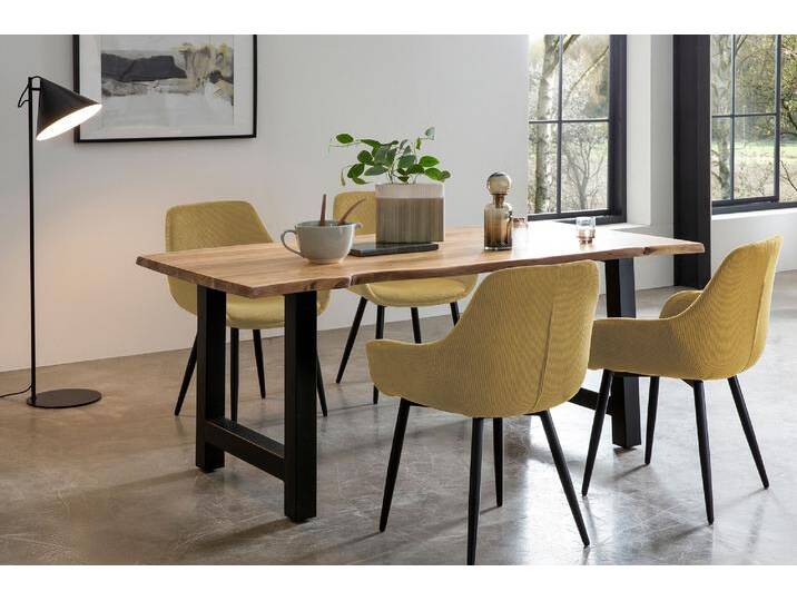 Essgruppe SALESFEVER Stilvolle Essgruppe , beige (natur, gold, schwarz, gold, schwarz), Cord, 180-90, Massivholz, Polyester, Metall, Sitzmöbel-Sets, 5-teiliges Set aus geöltem, gewachstem Massivholz von BAUR