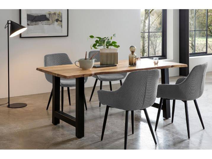 Essgruppe SALESFEVER Stilvolle Essgruppe , grau (natur, grau, schwarz, grau, schwarz), Cord, 180-90, Massivholz, Polyester, Metall, Sitzmöbel-Sets, 5-teiliges Set aus geöltem, gewachstem Massivholz von BAUR