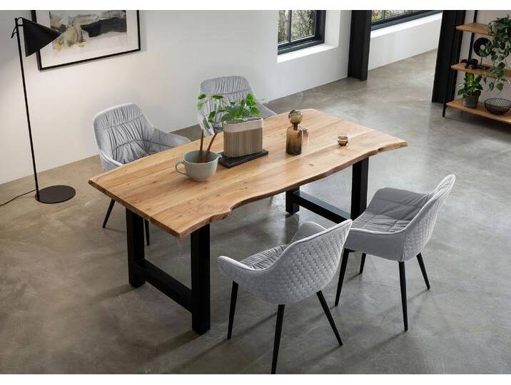 Essgruppe SALESFEVER Esszimmerausstattung aus Holz und Metall , grau (natur, hellgrau, schwarz, hellgrau, schwarz), Samt, 160-85, Massivholz, Polyester, Metall, Sitzmöbel-Sets, Essgruppe im stilvollen Look mit 4 Stühlen von BAUR