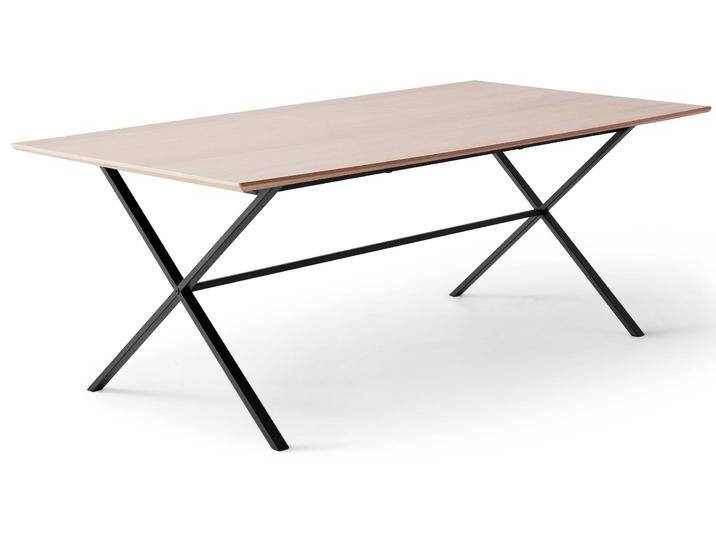 Esstisch HAMMEL FURNITURE Meza Designtisch mit Auszugsfunktion und 2 Einlegeplatten , beige (naturfarben, schwarz), B:210cm H:73,5cm T:100cm, Tischplatte: Weiß pigmentiertes, matt lackiertes Eichenfurnier (MDF-Kante natur), Gestell: Pulverbeschichtetes schwarzes Metall, RAL9005 matt, Tischplatte mit Anti-Finger-Print, Tischplatte mit Anti-Finger-Print, Tische, rechteckige Tischplatte MDF, gekreuztes Metallgestell von BAUR