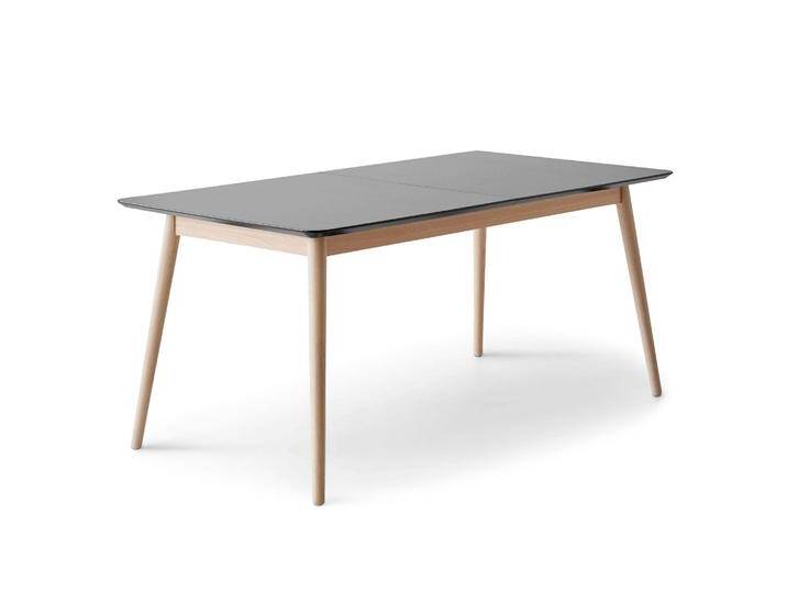 Esstisch HAMMEL FURNITURE Meza Designtisch mit Auszugsfunktion und 2 Einlegeplatten , grau (graphit, natur, graphit), B:165cm H:74cm T:90cm, Tischplatte: Graphit nanobehandeltes Fenix-Laminat (schwarzer Rand), Gestell: Massive Eiche. Mit nanobehandeltem Laminat, einer matten, seidigen Oberfläche, die Fingerabdrücke abweist und langlebig und hygienisch ist., Tische, abgerundete Tischplatte MDF, Massivholzgestell, in zwei Breiten von BAUR
