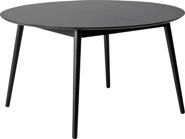 Esstisch HAMMEL FURNITURE Meza Designtisch mit Auszugsfunktion und 2 Einlegeplatten , schwarz (schwarz, schwarz), B:135cm H:73,5cm T:135cm, Tischplatte: Schwarzes nanobehandeltes Fenix-Laminat (schwarzer Rand), Gestell: Schwarz gebeizt Esche (Massivholz), Mit nanobehandeltem Laminat, einer matten, seidigen Oberfläche, die Fingerabdrücke abweist und langlebig und hygienisch ist, Tische, Ø135(231) cm, runde Tischplatte aus MDF/Laminat, Massivholzgestell von BAUR