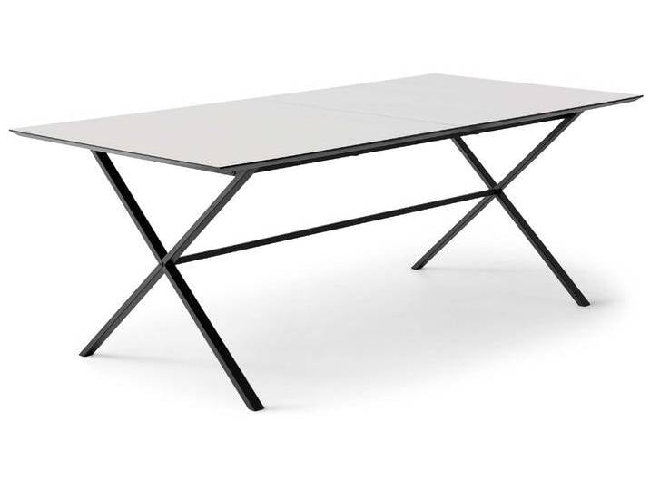 Esstisch HAMMEL FURNITURE Meza Designtisch mit Auszugsfunktion und 2 Einlegeplatten , weiß (weiß, schwarz), B:165cm H:73,5cm T:90cm, Tischplatte: Weiß laminat (MDF-Kante natur), Gestell: Pulverbeschichtetes schwarzes Metall, RAL9005 matt;Mit nanobehandeltem Laminat, einer matten, seidigen Oberfläche, die Fingerabdrücke abweist und langlebig und hygienisch ist;Mit nanobehandeltem Laminat, einer matten, seidigen Oberfläche, die Fingerabdrücke abweist und langlebig und hygienisch ist, Tische, rechteckige Tischplatte MDF, gekreuztes Metallgestell von BAUR