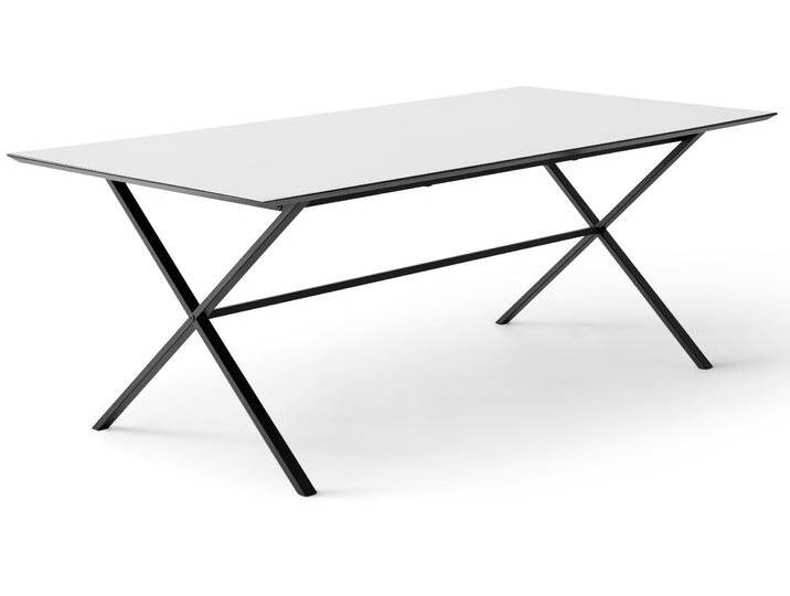Esstisch HAMMEL FURNITURE Meza Designtisch mit Auszugsfunktion und 2 Einlegeplatten , weiß (weiß, schwarz), B:210cm H:73,5cm T:100cm, Tischplatte: Weiß laminat (MDF-Kante natur), Gestell: Pulverbeschichtetes schwarzes Metall, RAL9005 matt, Mit nanobehandeltem Laminat, einer matten, seidigen Oberfläche, die Fingerabdrücke abweist und langlebig und hygienisch ist, Mit nanobehandeltem Laminat, einer matten, seidigen Oberfläche, die Fingerabdrücke abweist und langlebig und hygienisch ist, Tische, rechteckige Tischplatte MDF, gekreuztes Metallgestell von BAUR