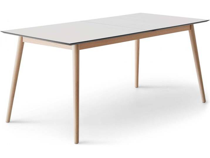 Esstisch HAMMEL FURNITURE Meza by Hammel , weiß (weiß, laminat, mdf, eiche massivholzfüße), B:210cm H:74cm T:100cm, Tischplatte: Weiss Laminat (schwarzer Rand), Gestell: Massive Eiche., Tische, rechteckige Tischplatte MDF, Massivholzgestell, mit 2 Einlegeplatten von BAUR