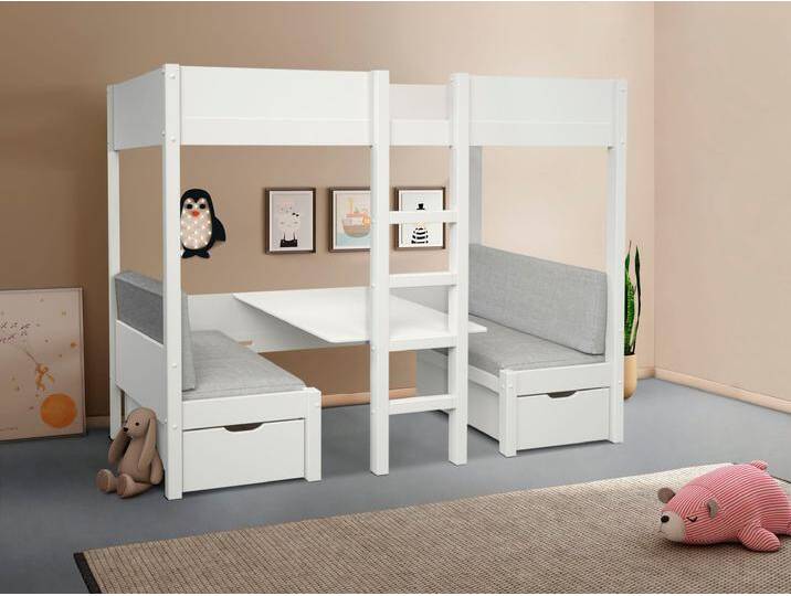 Etagenbett LÜTTENHÜTT Stockbett TIPO , Topseller Inklusive unterer Auflagen, 90x200cm , weiß, mit Polster für untere Liegefläche, Liegefläche B/L: 90cm x 200cm, kein Härtegrad, Etagenbetten, viel Stauraum, Massivholz,inklusive Tisch,2 Schubkästen,2 Schlafplätze von BAUR