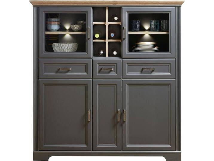 Highboard INNOSTYLE Jasmin , grau (graphitfarben, eichefarben), Holzwerkstoff graphitfarben (Korpus)/ MDF graphitfarben (Front)/MDF eichefarben (Absetzung), Holzwerkstoff, MDF, Sideboards, 2 Glas-/Holztüren, 8 offene Fächer, inkl. LED-Beleuchtung von BAUR