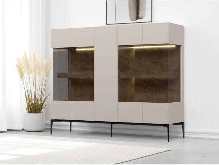 Highboard PLACES OF STYLE Sky45 Kommode mit Glastüren, Höhe 142 cm , beige (cashmere farbe), B:152cm H:125cm T:42cm, MDF, Spanplatte, Glas, Sideboards, Vitrine, Lackiert mit wasserbasiertem UV-Lack von BAUR