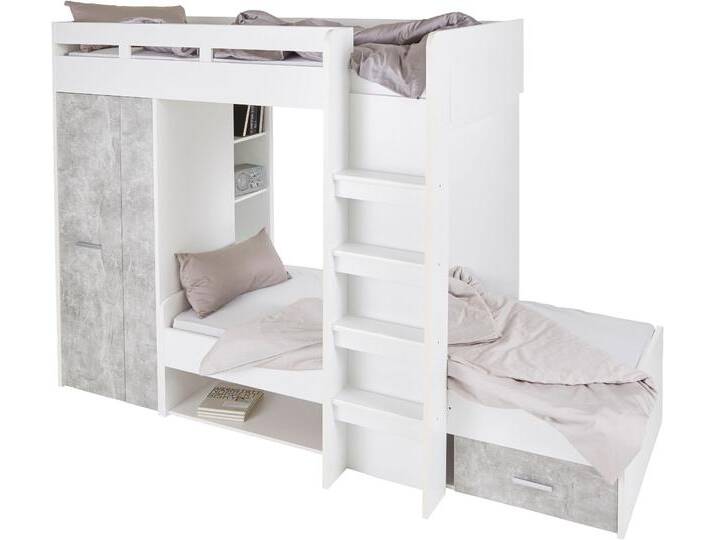 Hochbett BEGABINO MAXI , weiß (weiß, betonfarben), B:115cm H:180cm L:269cm, Hochbetten, mit 2 Liegeflächen, Kleiderschrank und Regalen von BAUR