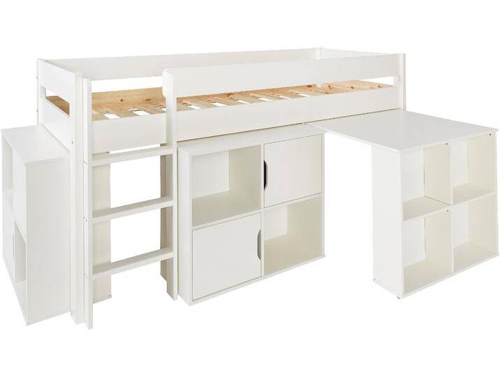 Hochbett LÜTTENHÜTT  ROBIN  Massivholz, viel Stauraum, seitenverkehrt montierbar , weiß (weiß lackiert), Liegefläche B/L: 90cm x 200cm, kein Härtegrad, kein Härtegrad, Hochbetten, (4-tlg.), inklusive Schreibtisch und zwei Kommoden von BAUR
