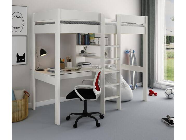 Hochbett LÜTTENHÜTT Stockbett, Kinderbett, ROBIN  FSC zertifiziertes Massivholz , weiß, B:99cm H:174cm L:208cm, Hochbetten, mit Schreibtisch und Regalen von BAUR