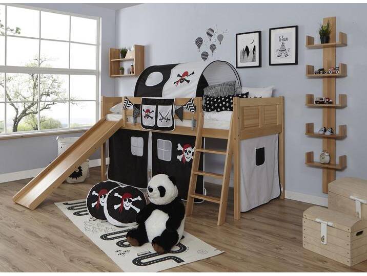 Hochbett TICAA Ekki , schwarz-weiß (buche natur lackiert, pirat, schwarz, weiß), B:217cm H:113cm L:205cm, Hochbetten, mit Rollrost und Textil-Set wahlweise mit Matratze, Buche von BAUR