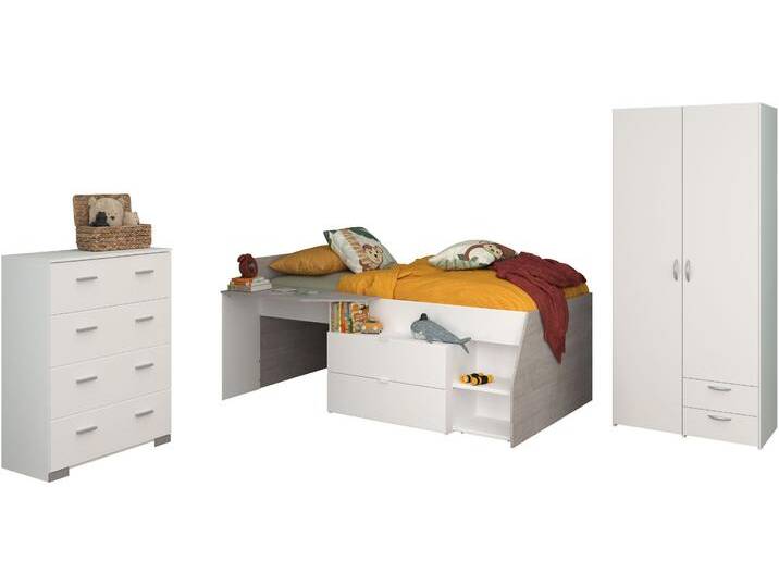 Jugendzimmer-Set PARISOT Parisot, Milky 12 , grau (weiß), ohne Matratze, B/H: 90cm x 200cm, Schlafzimmermöbel-Sets, tolles halbhohes Hochbett, Kleiderschrank mit Mittelwand und Stauraum von BAUR