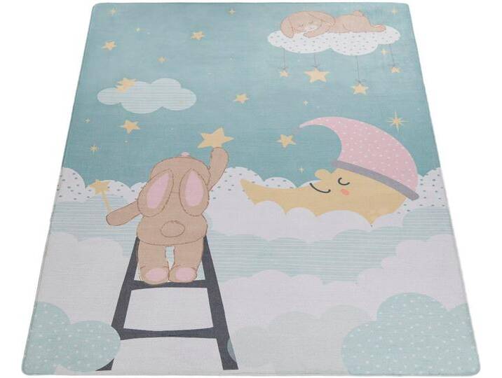 Kinderteppich PACO HOME Chicos 563 , blau (türkis), B:155cm H:4mm L:230cm, Polyester, Teppiche, Flachgewebe, Spielteppich, Motiv Mond, Kinderzimmer von BAUR