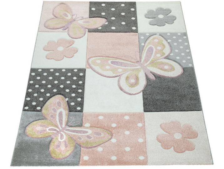 Kinderteppich PACO HOME Cosmo 220 , bunt (mehrfarbig), B:240cm H:12mm L:340cm, Polypropylen, Teppiche, 3D-Design, Patchwork Muster, niedliches Motiv Schmetterlinge & Punkte von BAUR
