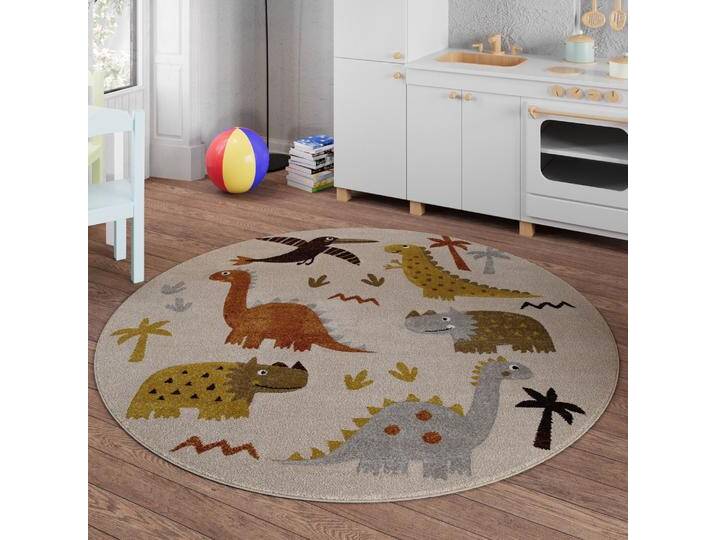 Kinderteppich SMART KIDS T-Rex & Friends , beige (sand,beige,bunt), H:10mm Ø:120cm, Polypropylen, Teppiche, Moderner Spielteppich, strapazierfähig, pflegeleicht, Konturenschnitt von BAUR