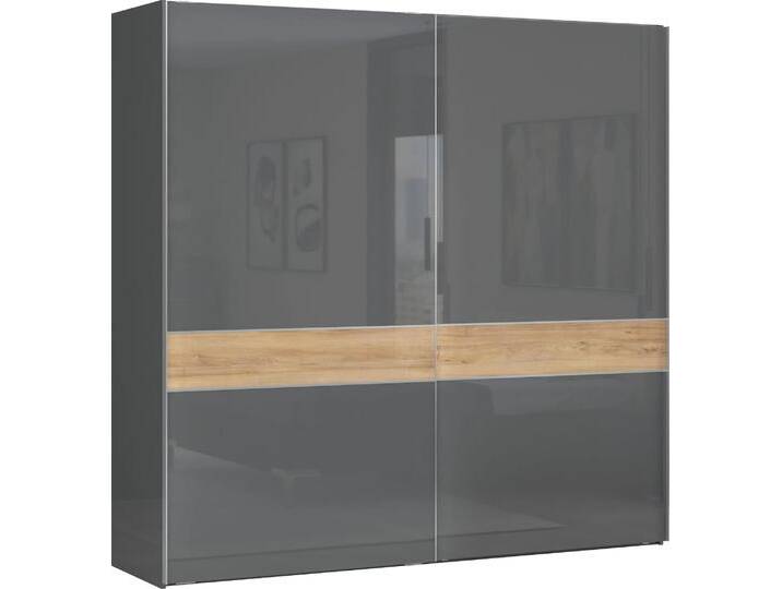 Kleiderschrank PLACES OF STYLE Onyx, Schwebetürenschrank inklusive Innenleben, FSC-zertifiziert , grau (anthrazit, walnussfarben), B:230cm H:224cm T:61cm, Spanplatte, Schränke, UV lackiert, hochglänzend anthrazit, mit Soft-Close Funktion von BAUR