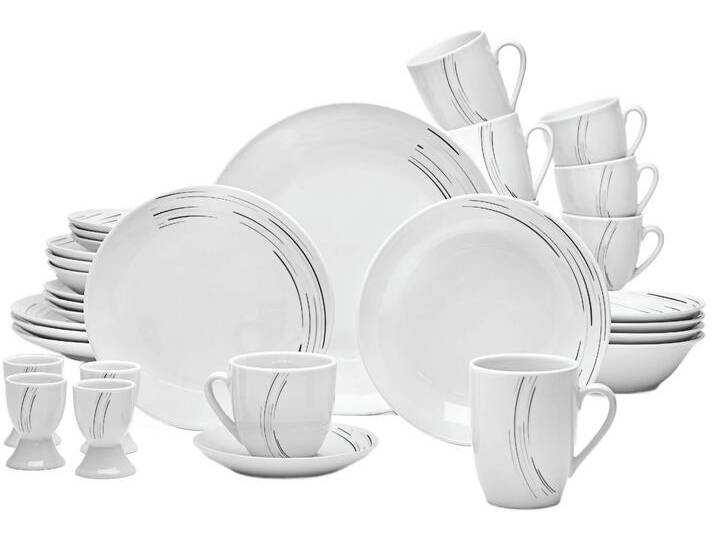 Kombiservice VAN WELL Geschirr-Set Montreal, 32-teilig, rund , schwarz-weiß (weiß, schwarz, grau), 32 tlg., Porzellan, Geschirr-Sets, mit Streifen in schwarz/grau, spülmaschinen- und mikrowellengeeignet von BAUR