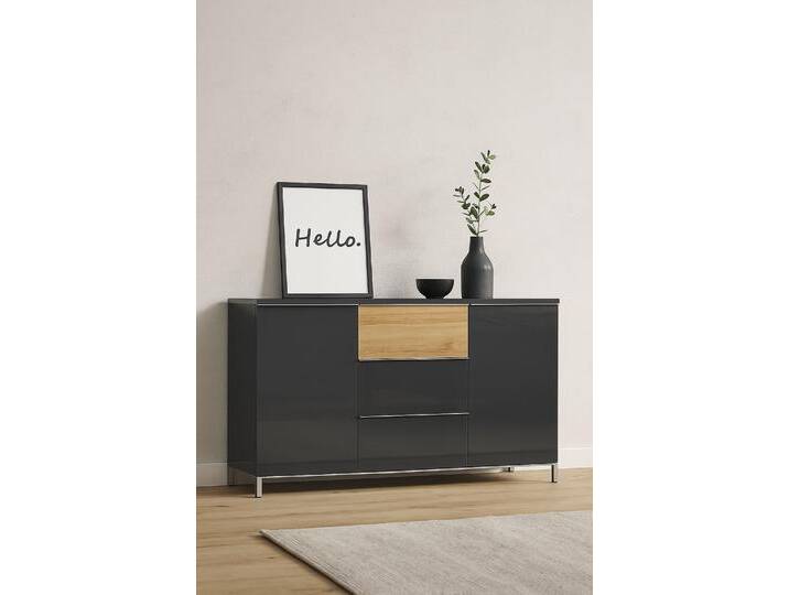 Sideboard PLACES OF STYLE Onyx, Kommode mit 3 Schubladen und 2 Türen, UV Lackierung Hochglanz , grau (anthrazit, walnussfarben), B:152cm H:88cm T:45cm, Spanplatte, Sideboards, Kombikommode, Kombikommode mit Soft-Close-Funktion, Maße (B/T/H) 152/45/88cm von BAUR