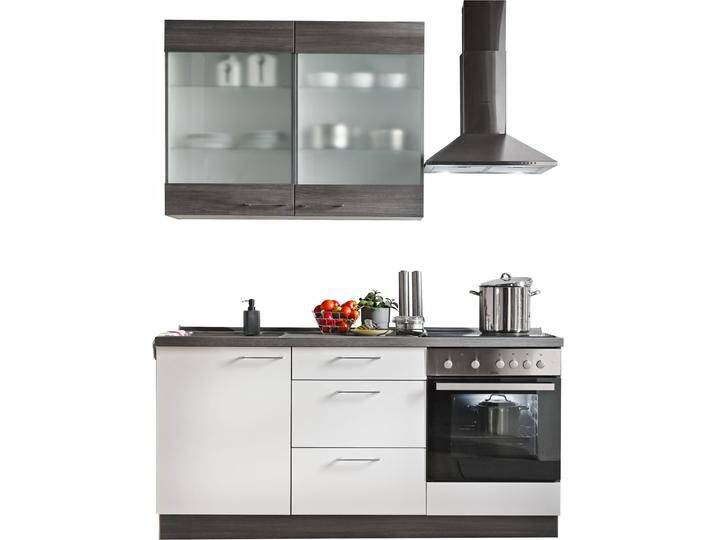 Küche KOCHSTATION Trea , weiß (front: weiß, korpus: eiche grau, arbeitsplatte: eiche grau), B:180cm H:87cm T:58cm, Komplettküchen-Sets, vormontiert, wahlweise mit E-Geräten, Stellbreite 180 cm von BAUR