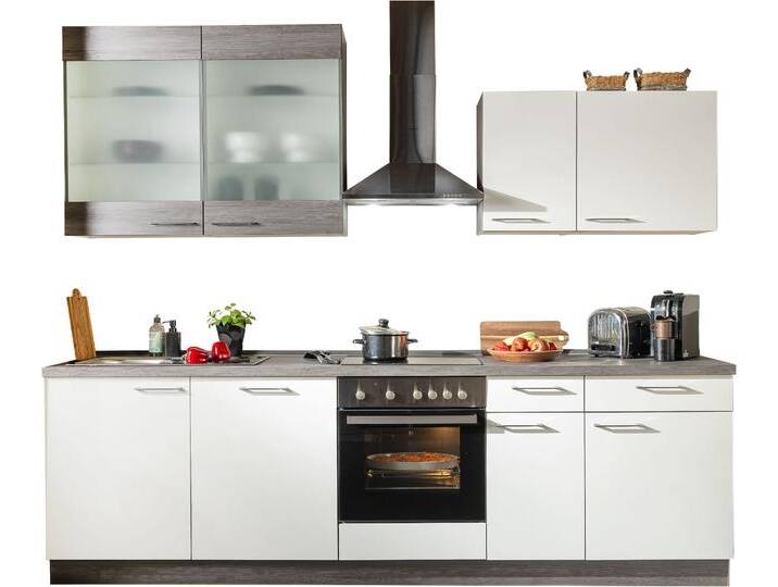 Küche KOCHSTATION Trea , weiß (front: weiß, korpus: eiche grau, arbeitsplatte: eiche grau), B:280cm H:87cm T:58cm, Komplettküchen-Sets, vormontiert, wahlweise mit E-Geräten, Stellbreite 280 cm von BAUR