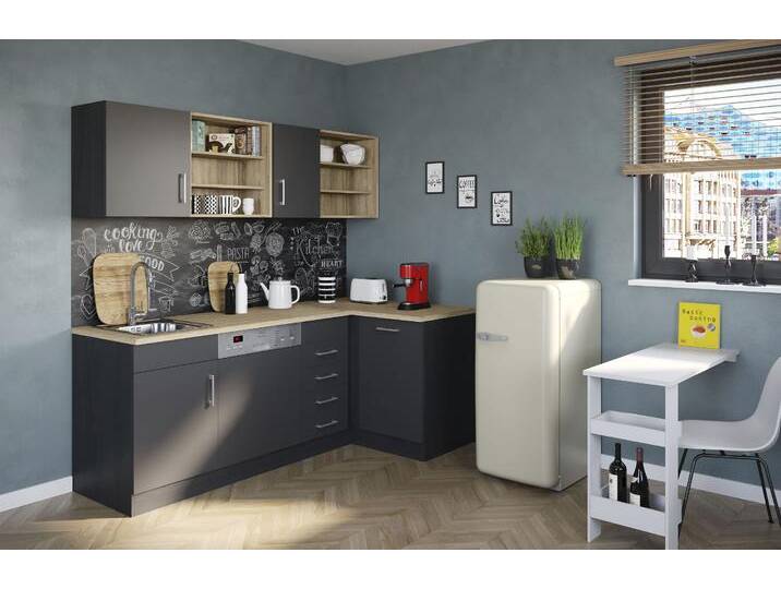Küche KOCHSTATION KS-Mali , grau (front: grafit, korpus: grau, arbeitsplatte: eiche sonoma), B:210cm H:200cm T:60cm, Komplettküchen-Sets, Stellbreite 210/110 cm, mit E-Geräten von BAUR