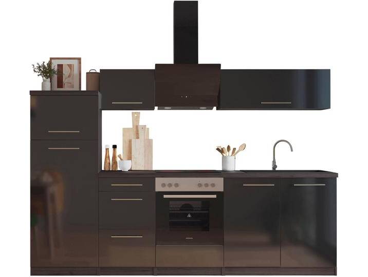 Küche RESPEKTA Amanda , schwarz (front: schwarz hochglanz, korpus: eiche grau nachbildung, arbeitsplatte: eiche grau nachbildung), B:270cm H:200cm T:60cm, Komplettküchen-Sets, Breite 270 cm, mit Soft-Close von BAUR